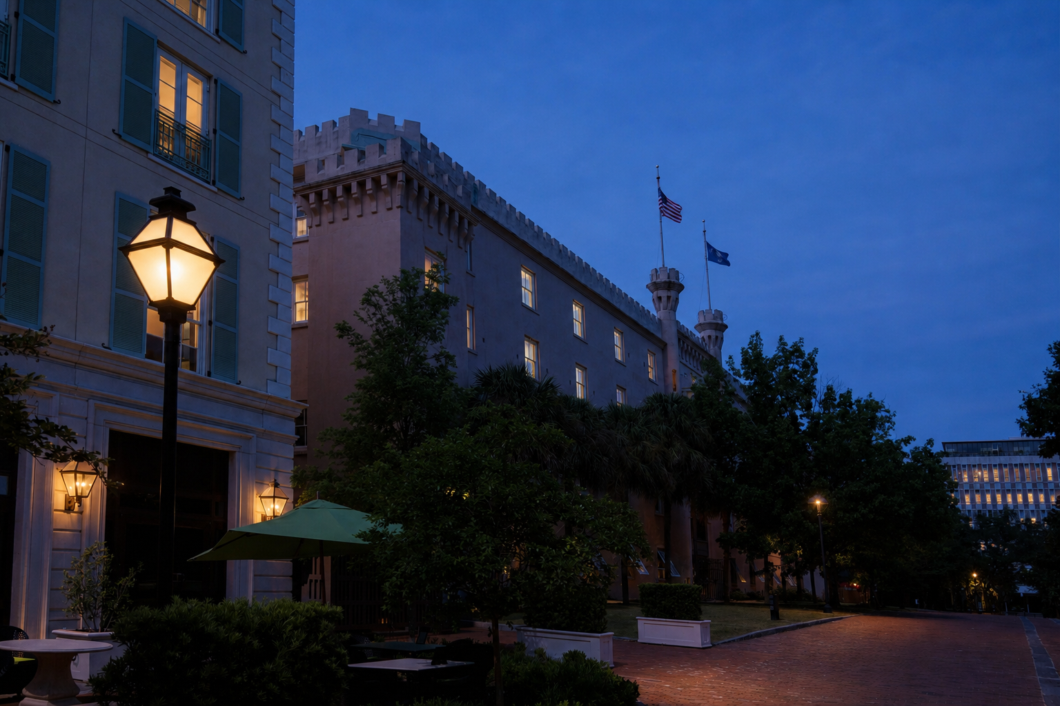 Charleston lantern and iron gate at night